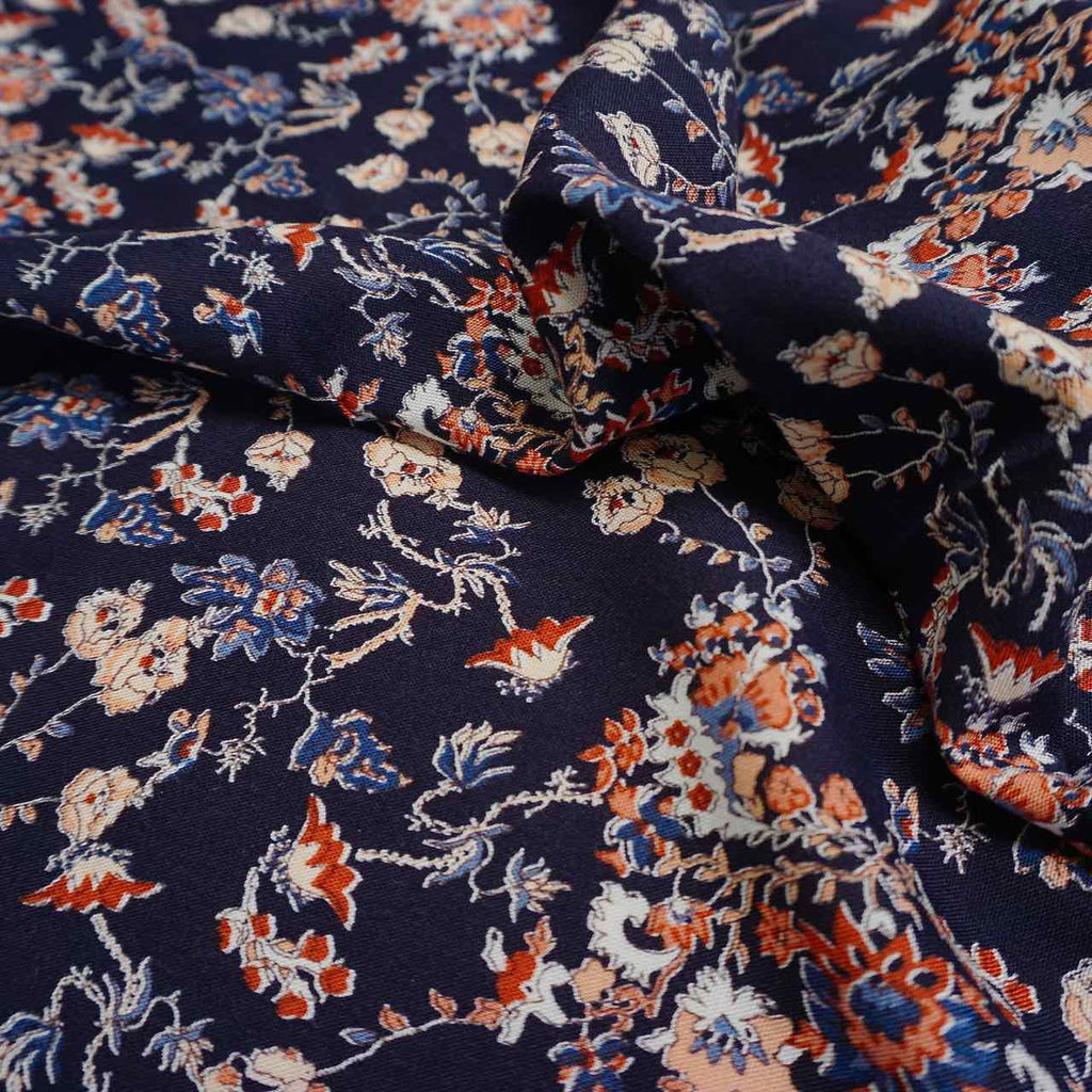 Heavy weight Floral visocose cross weave on dark navy -RB. image 1