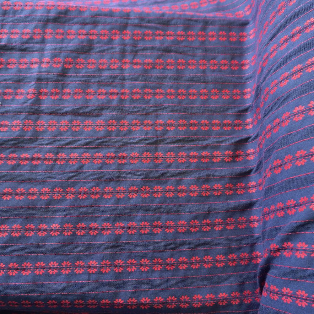 Navy Blue Striped Floral Embroidery Cotton Fabric