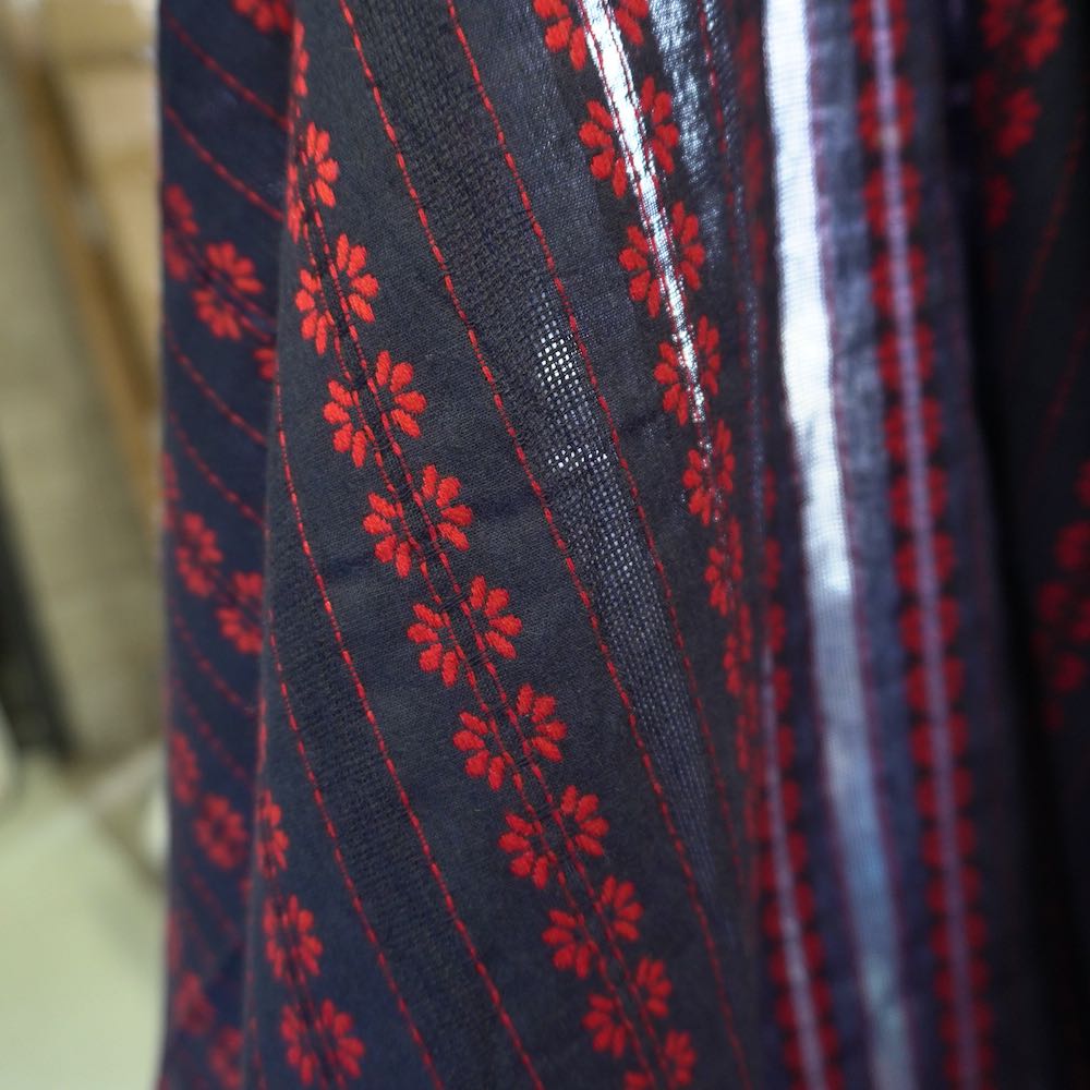 Navy Blue Striped Floral Embroidery Cotton Fabric