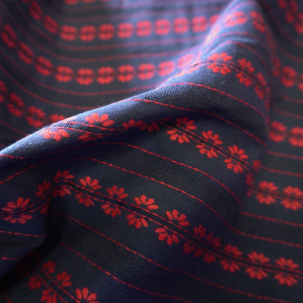 Navy Blue Striped Floral Embroidery Cotton Fabric