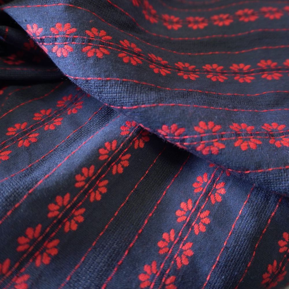 Navy Blue Striped Floral Embroidery Cotton Fabric