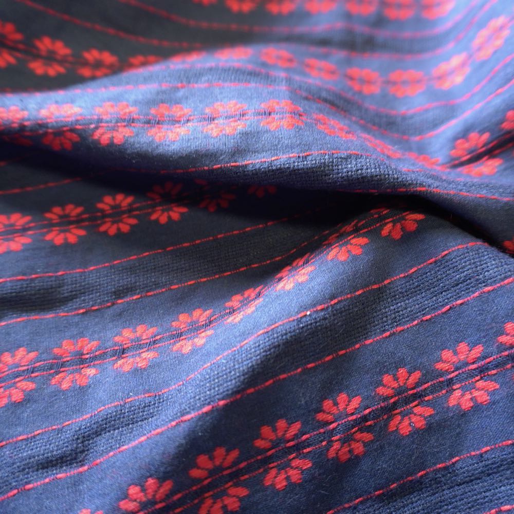 Navy Blue Striped Floral Embroidery Cotton Fabric
