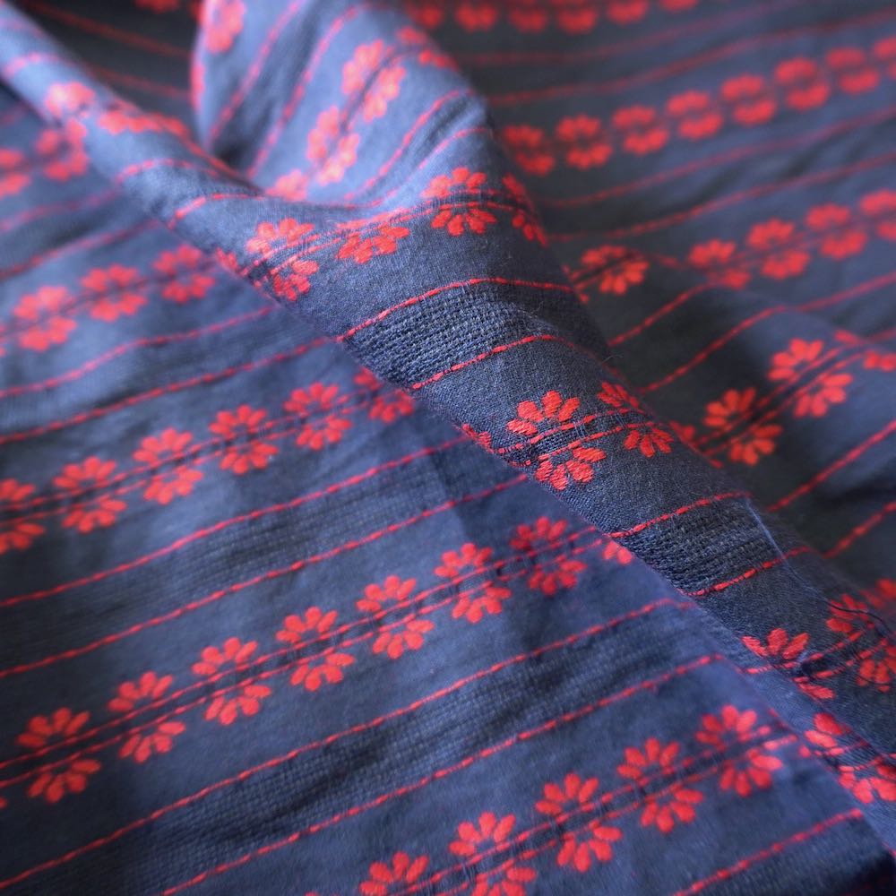 Navy Blue Striped Floral Embroidery Cotton Fabric