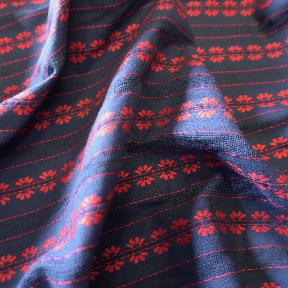 Navy Blue Striped Floral Embroidery Cotton Fabric