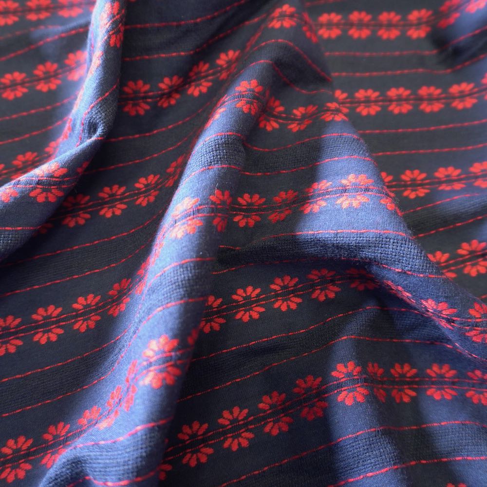 Navy Blue Striped Floral Embroidery Cotton Fabric