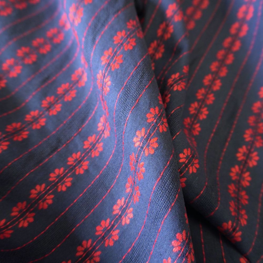 Navy Blue Striped Floral Embroidery Cotton Fabric