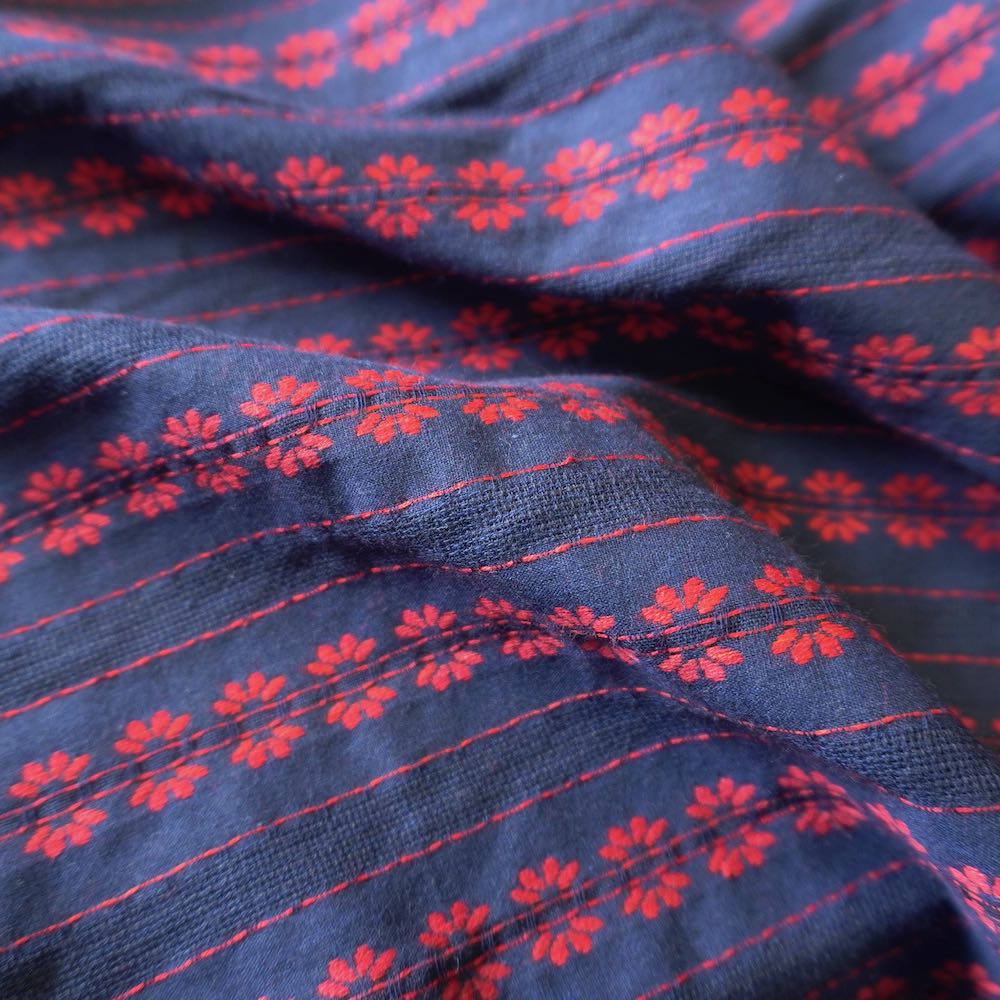 Navy Blue Striped Floral Embroidery Cotton Fabric