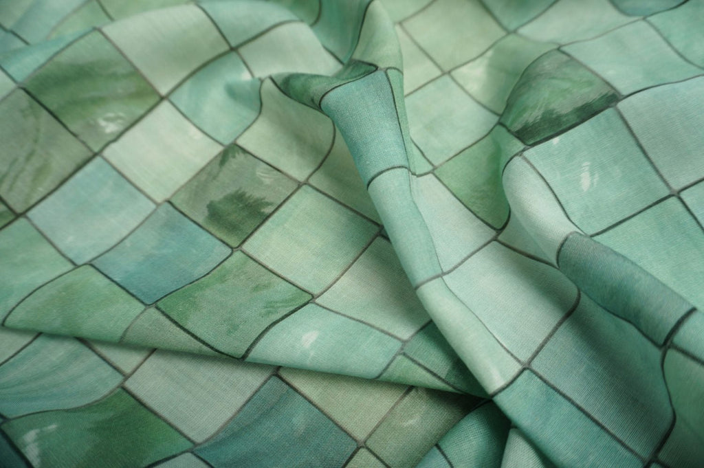 Water green grid linen fabric