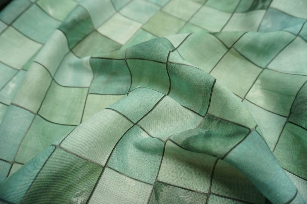 Water green grid linen fabric