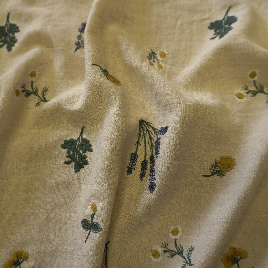 Botanical floral embroidery linen viscose