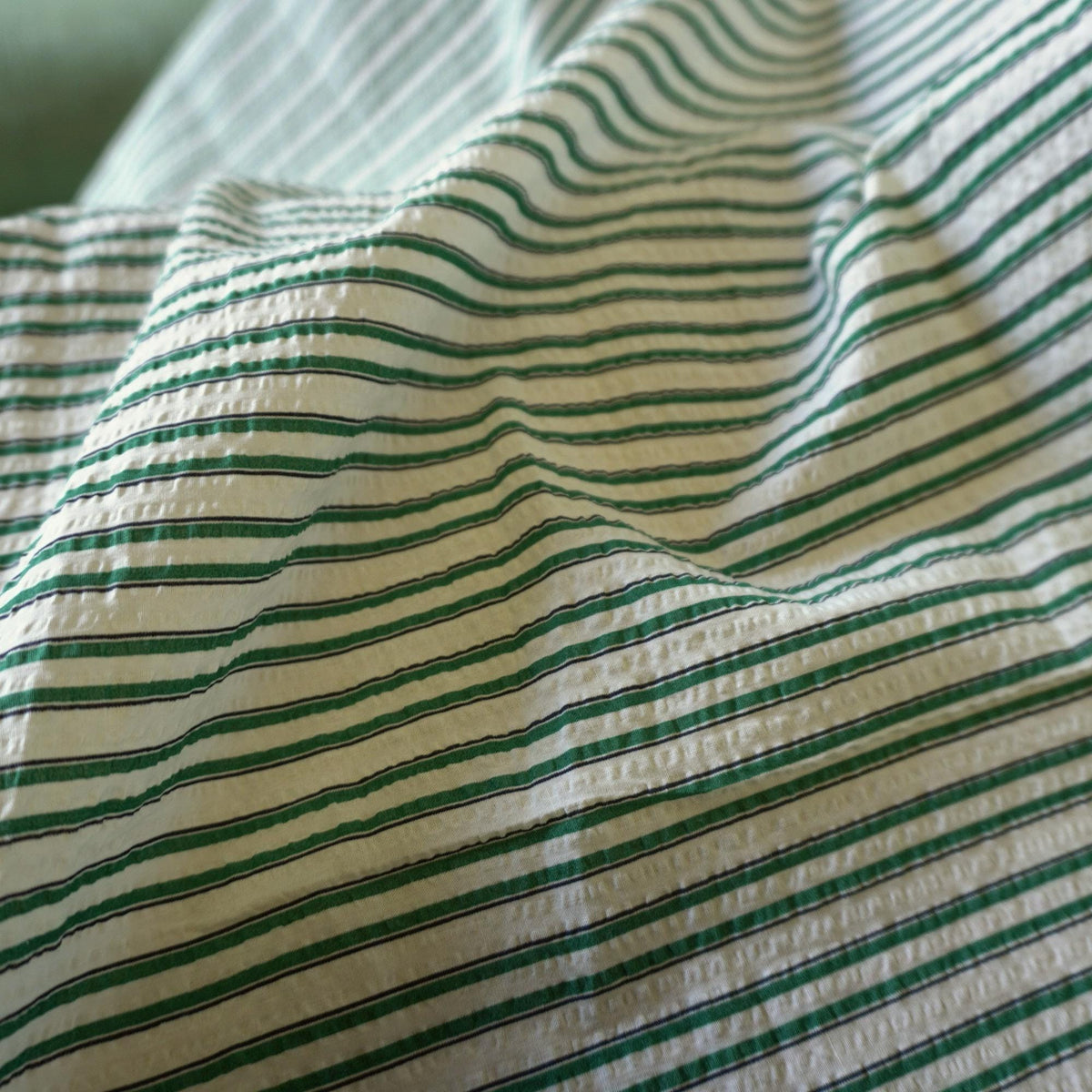 Classic Green Stripe Cotton Seersucker – Lightweight Summer Fabric
