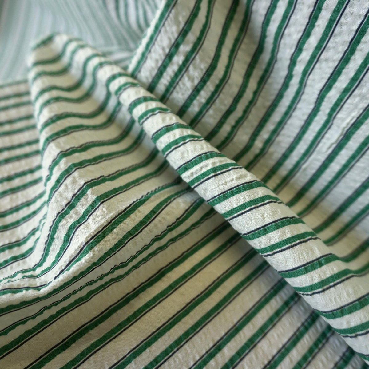 Classic Green Stripe Cotton Seersucker – Lightweight Summer Fabric