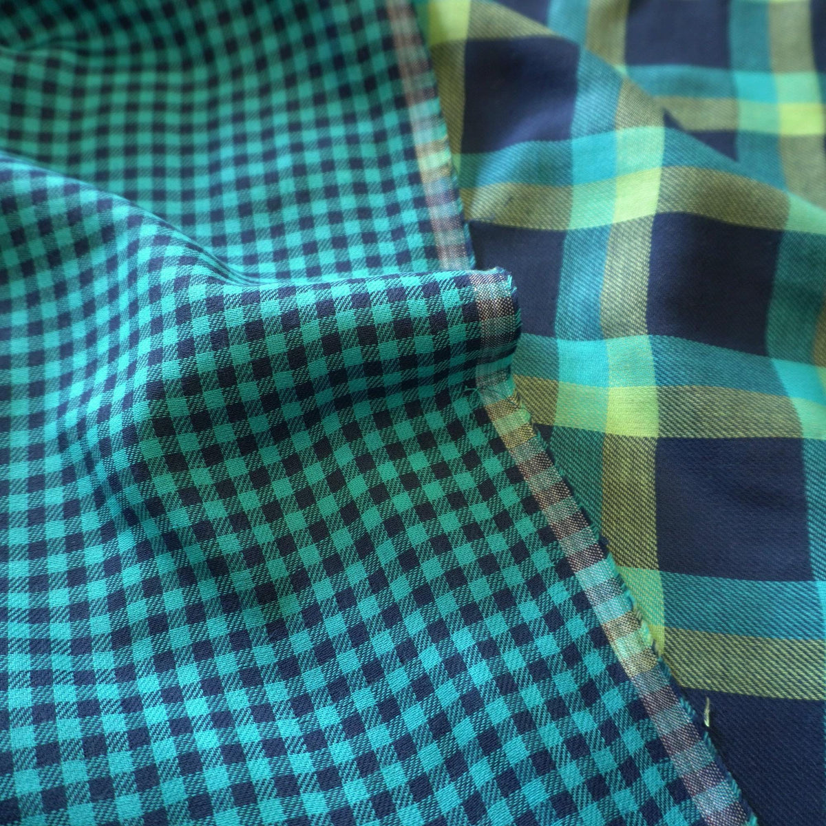 Reversible Brushed Cotton Double Gauze – Navy & Teal Gingham Checks Tartan