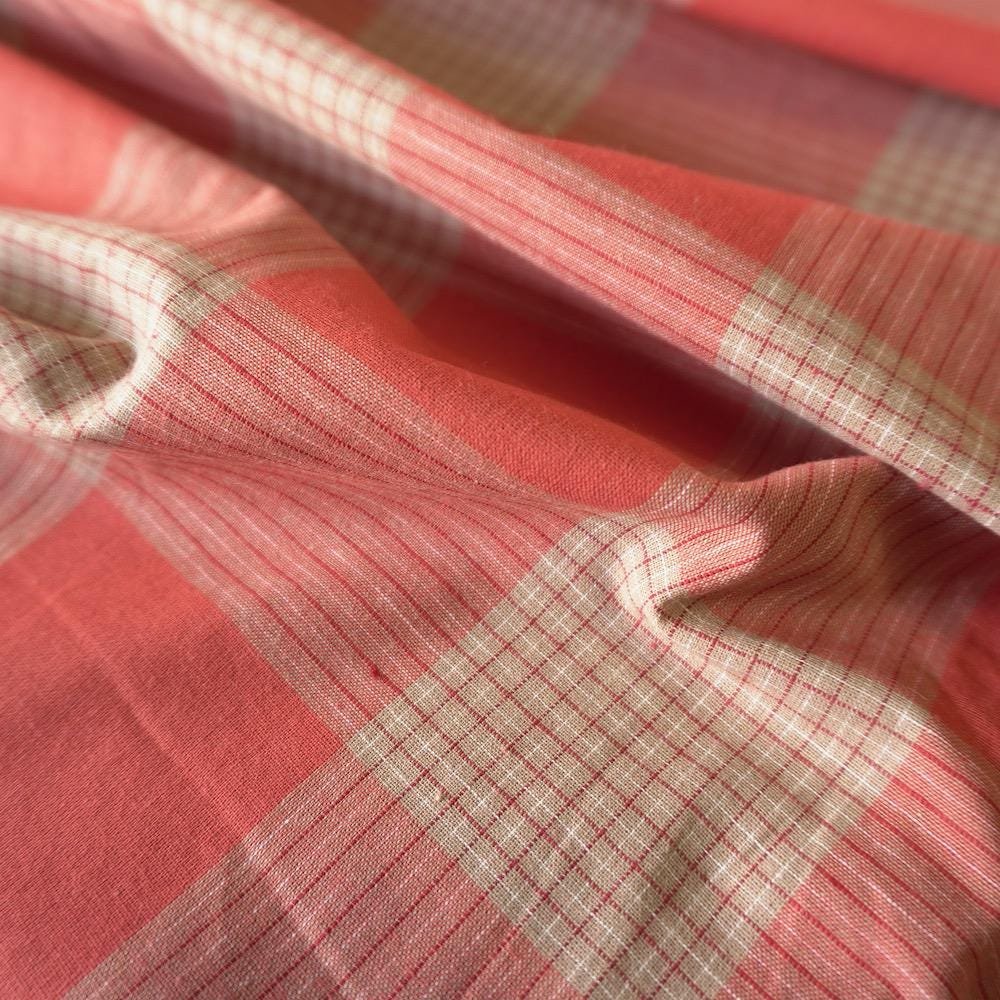 Cotton Linen Check - Terracotta Red & Cream
