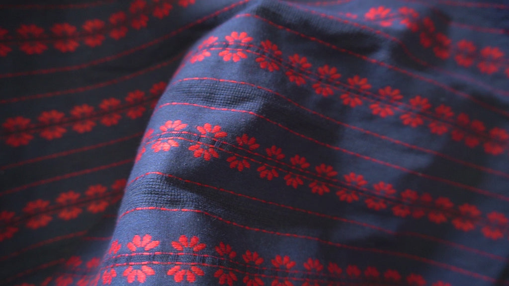 Navy Blue Striped Floral Embroidery Cotton Fabric