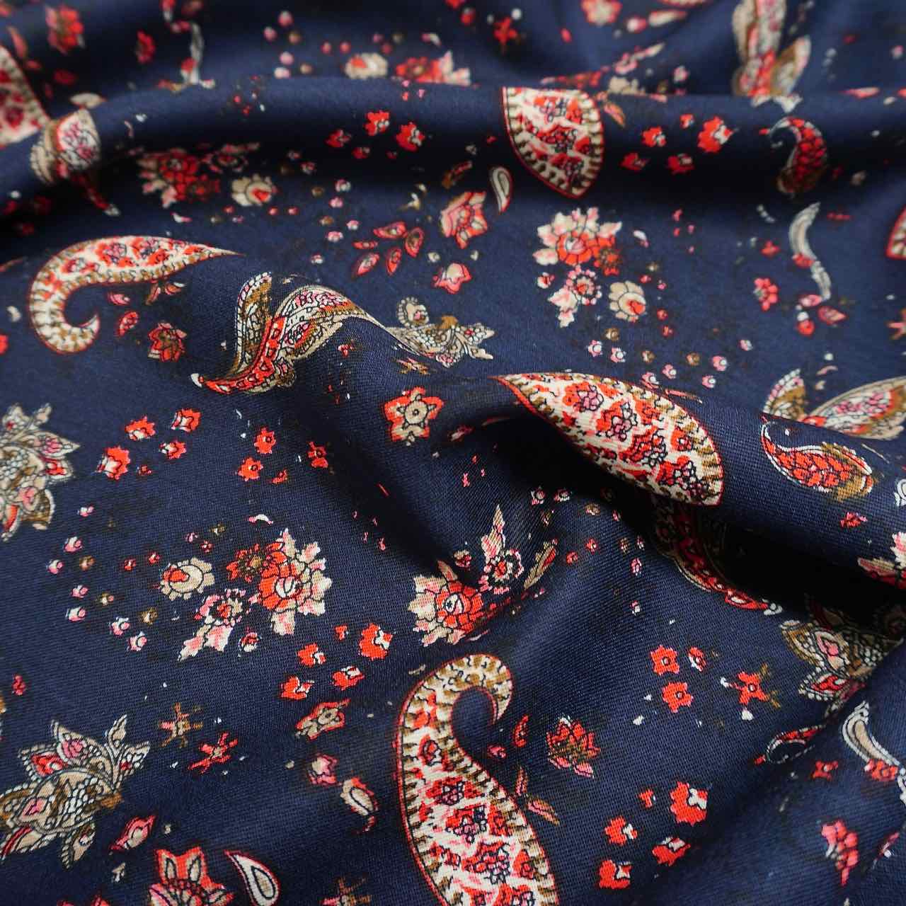 Heavy weight Paisley floral viscose twill on navy - 1 Medium weight Paisley floral viscose twill on navy - Image 1